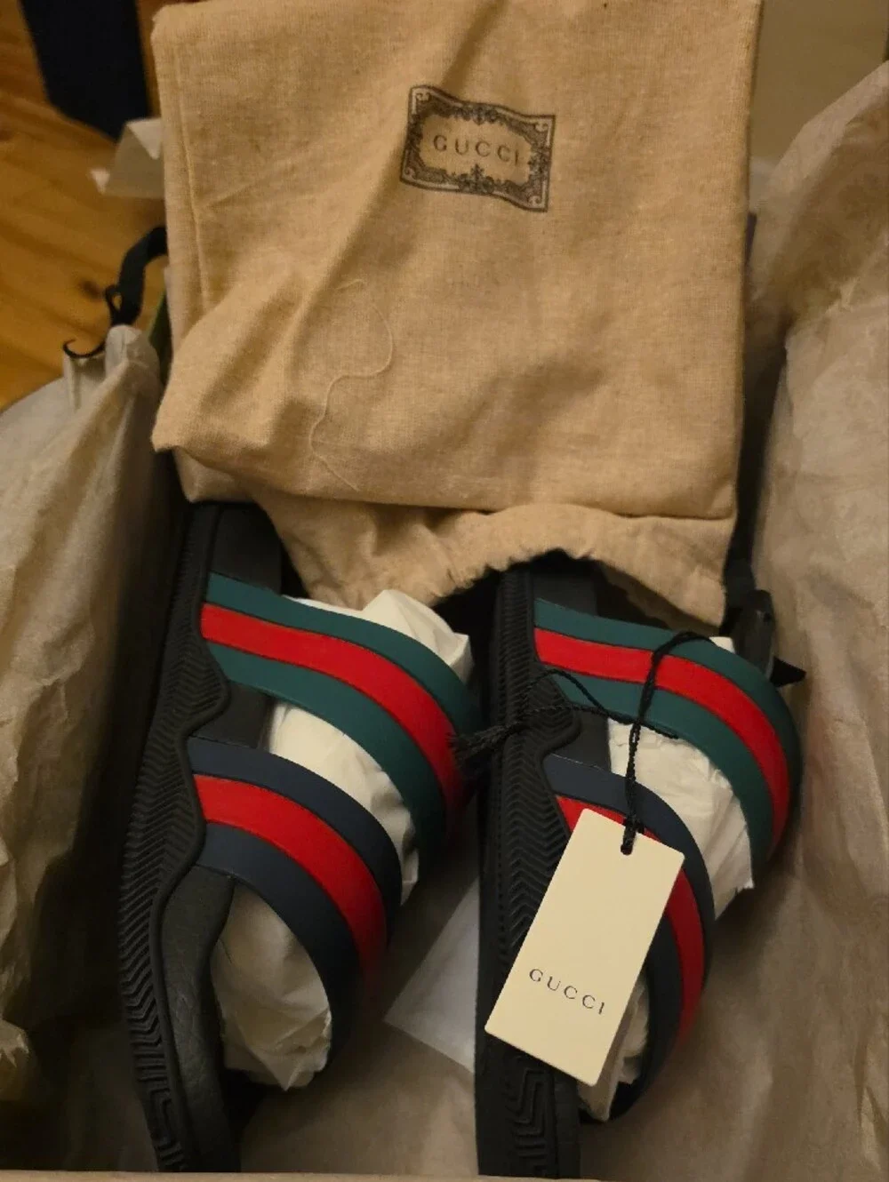 Gucci Men’s Green, Red & Navy Rubber Slide Sandals